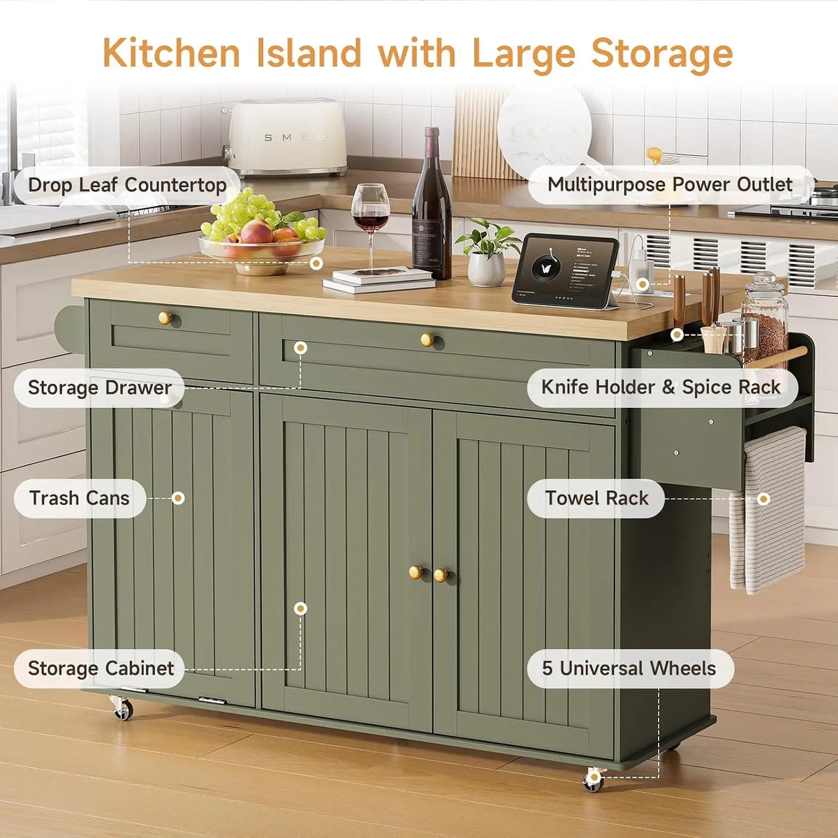 ONBRILL Rolling Kitchen Island Cart With Storage And Power Station