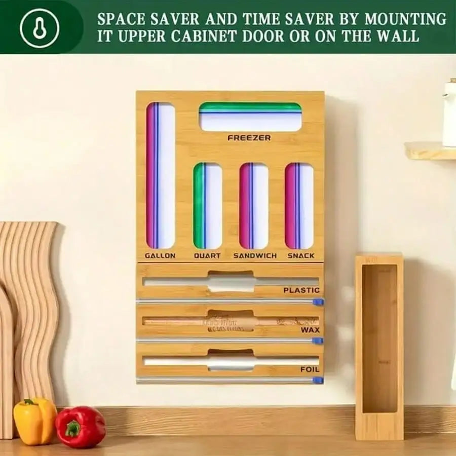 Bamboo Ziplock Bag Organizer With Cutter And Multi Compartment Storage