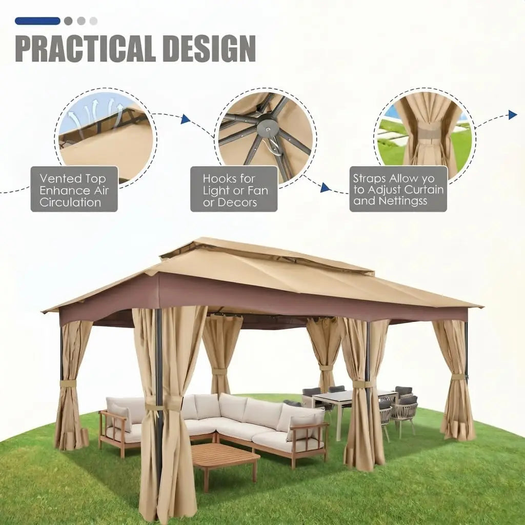 COBIZI Outdoor Gazebo with Curtains and Ventilated Double Roof Canopy