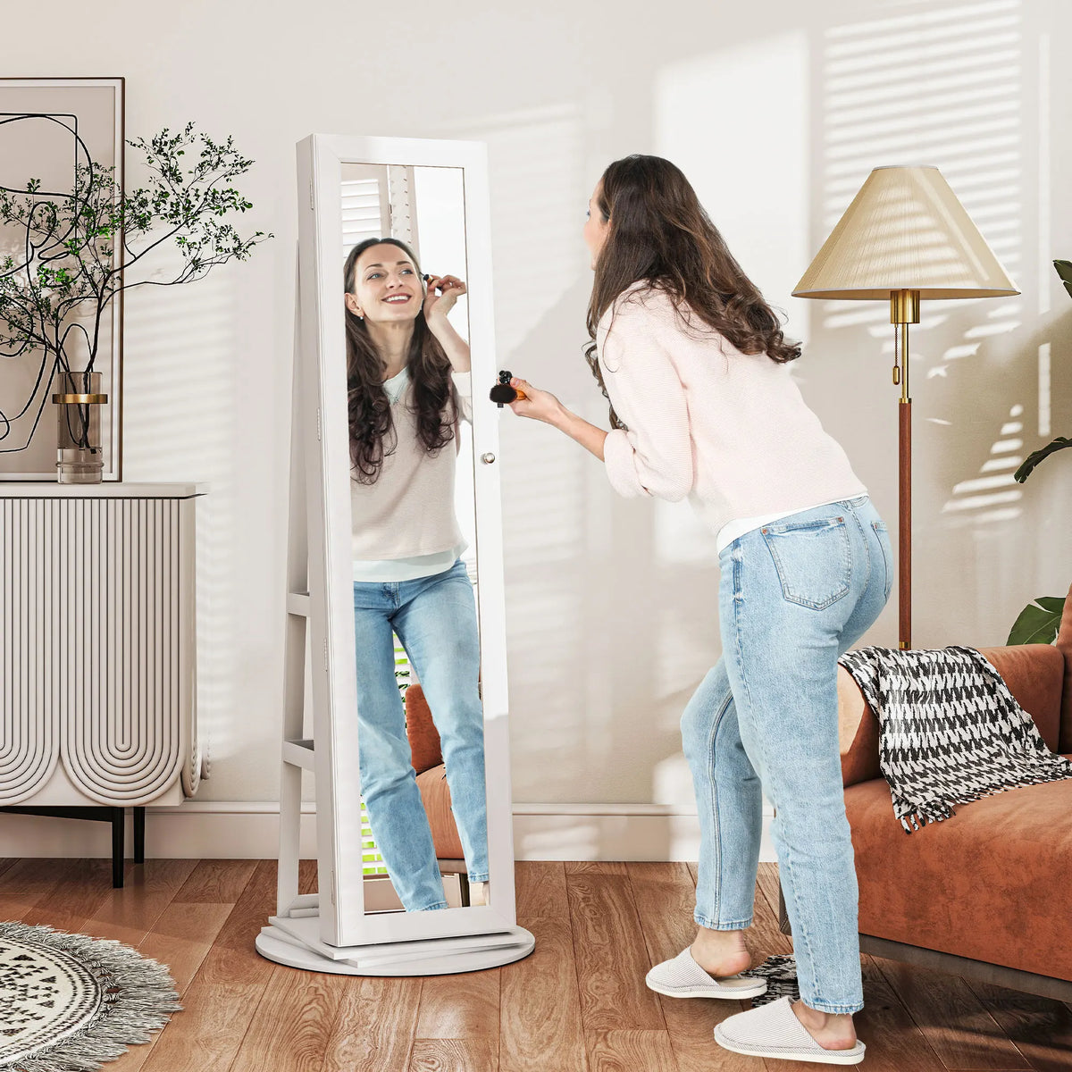 HOMCOM Swivel Jewelry Armoire With Lock And Full Length Mirror