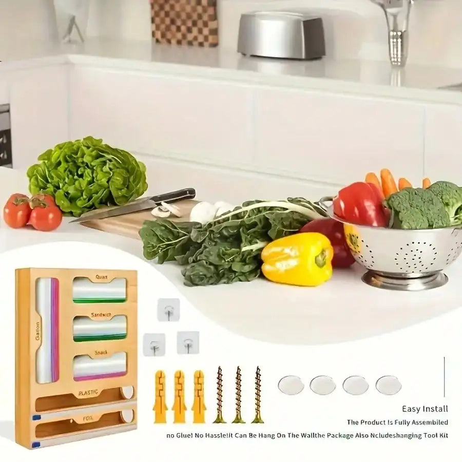 Bamboo Ziplock Bag Organizer With Cutter And Multi Compartment Storage