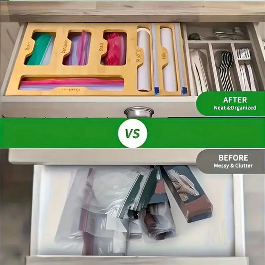 Bamboo Ziplock Bag Organizer With Cutter And Multi Compartment Storage
