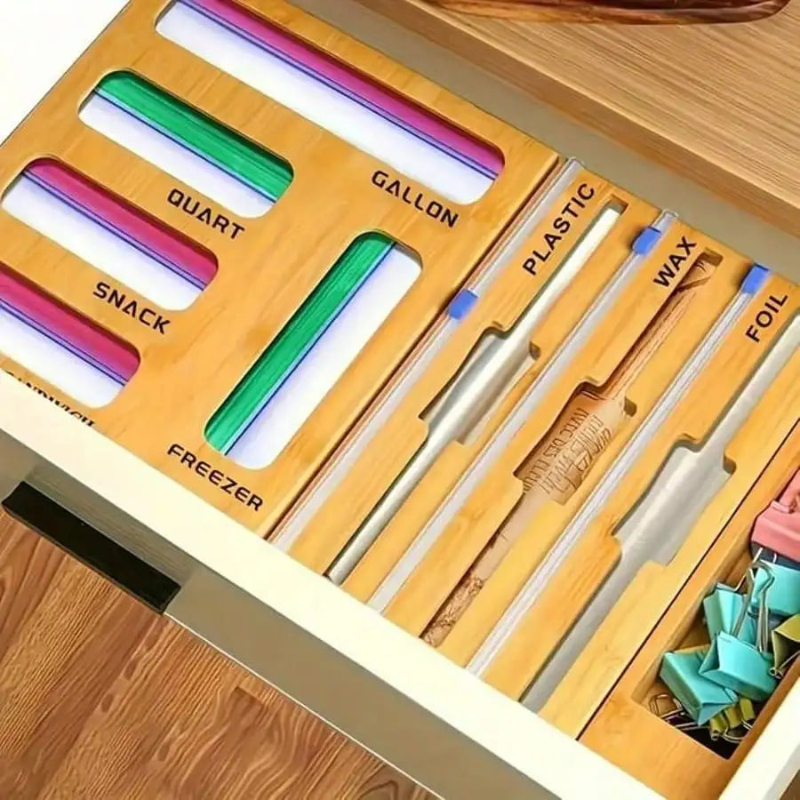 Bamboo Ziplock Bag Organizer With Cutter And Multi Compartment Storage