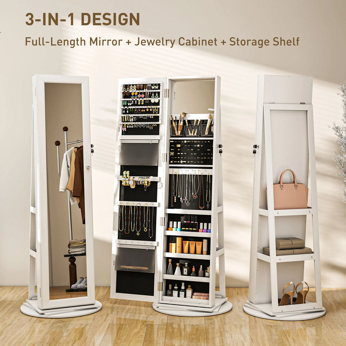 HOMCOM Swivel Jewelry Armoire With Lock And Full Length Mirror