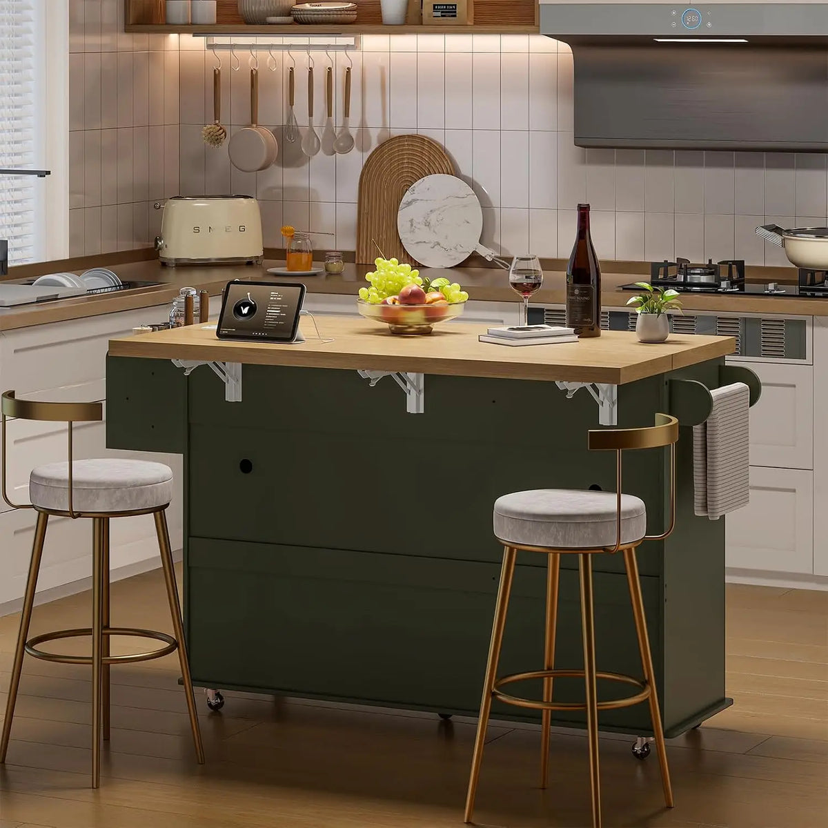 ONBRILL Rolling Kitchen Island Cart With Storage And Power Station