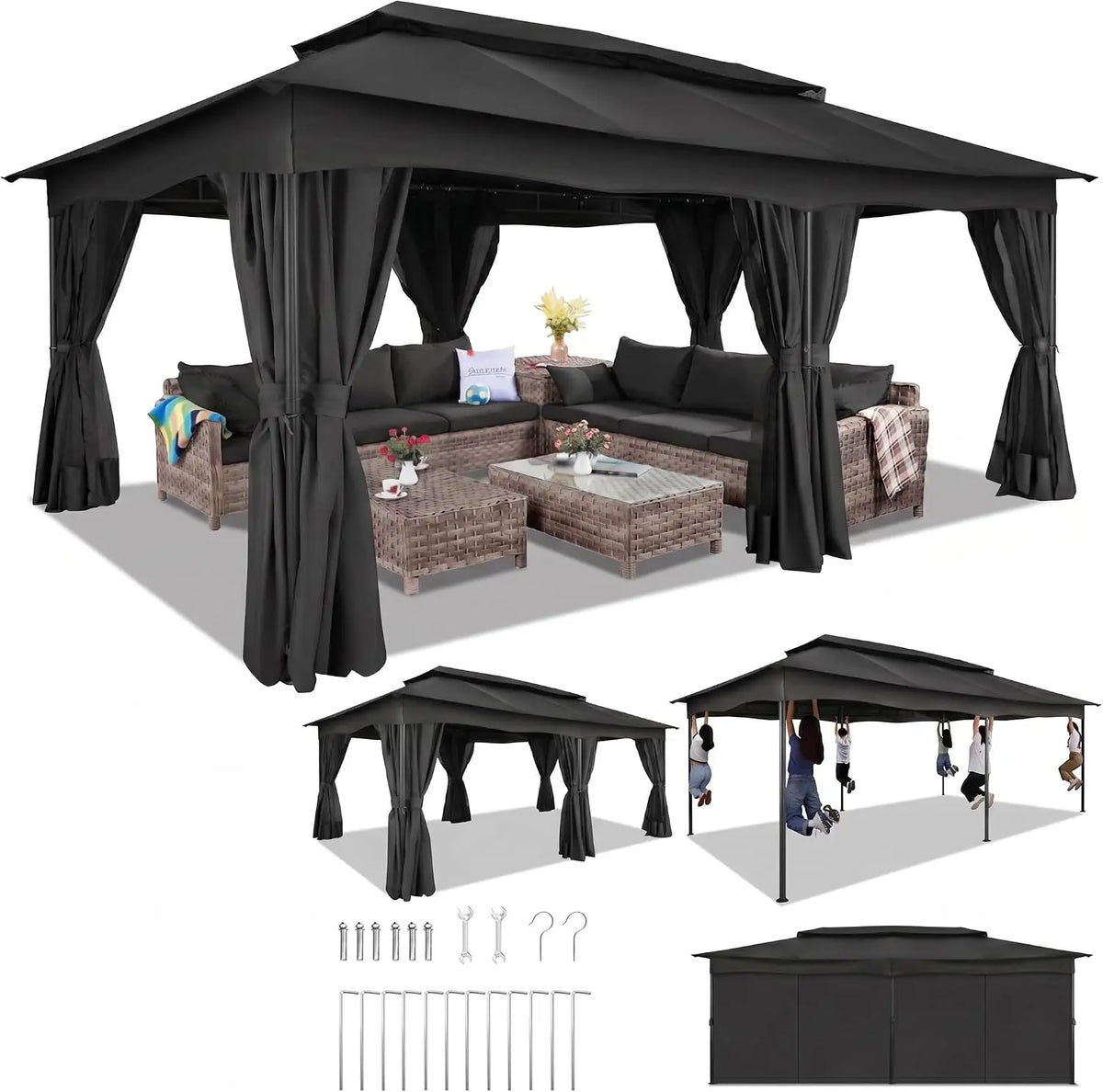 COBIZI Outdoor Gazebo with Curtains and Ventilated Double Roof Canopy
