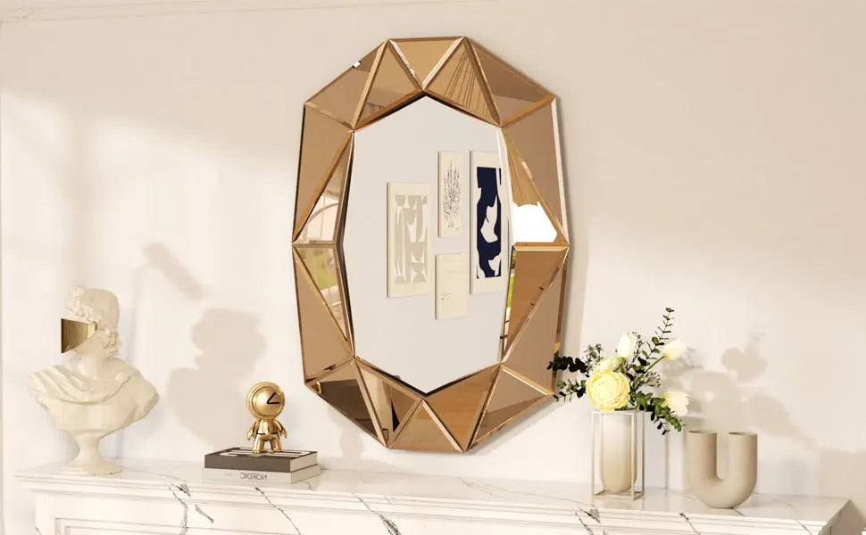 Wisfor Irregular Glass Wall Mirror With Beveled Diamond Edge Accents