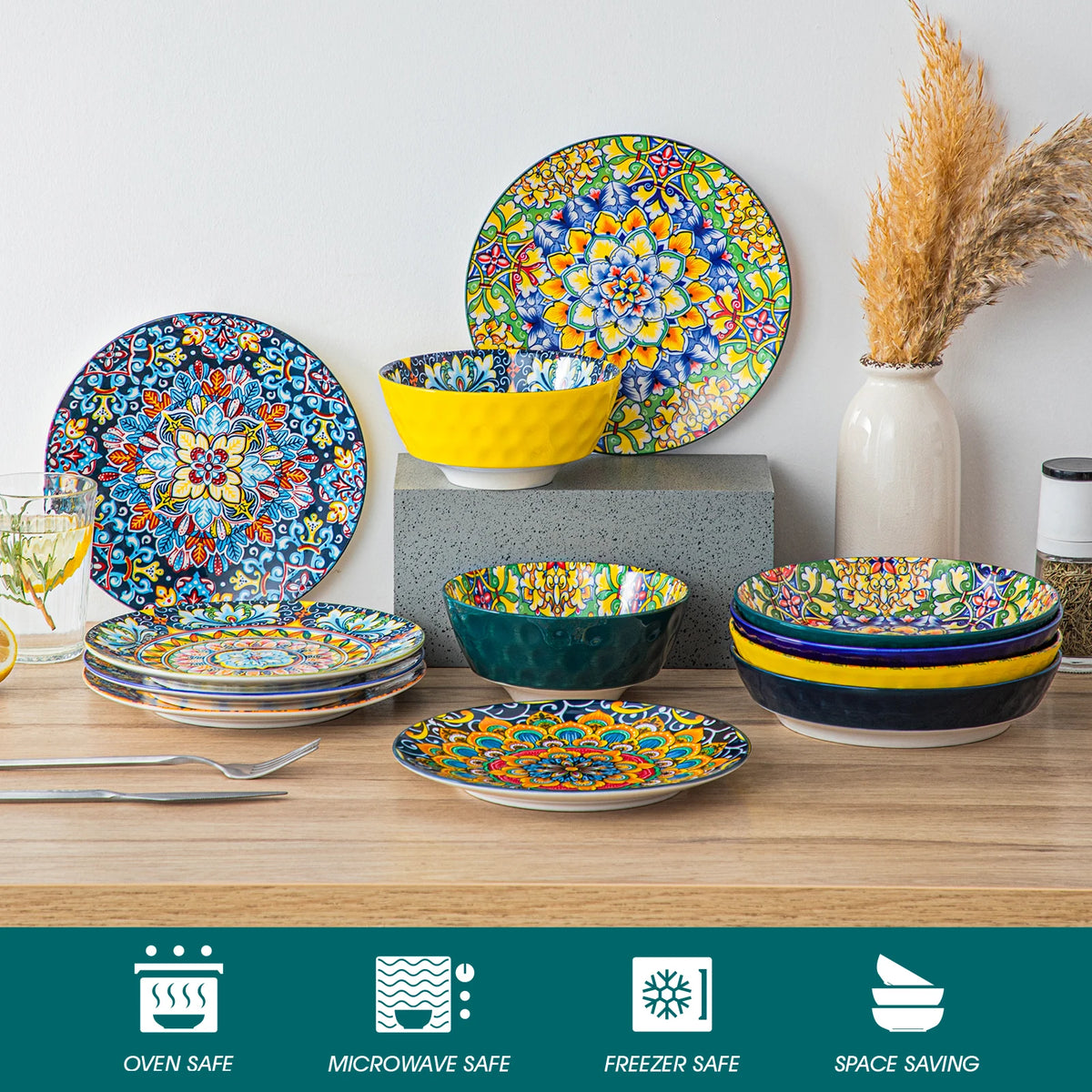 MALACASA Ceramic Dinnerware Set With Bohemian Tableware Design