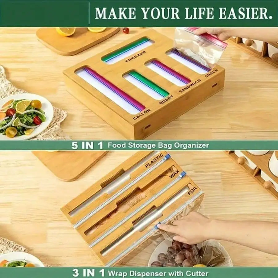 Bamboo Ziplock Bag Organizer With Cutter And Multi Compartment Storage