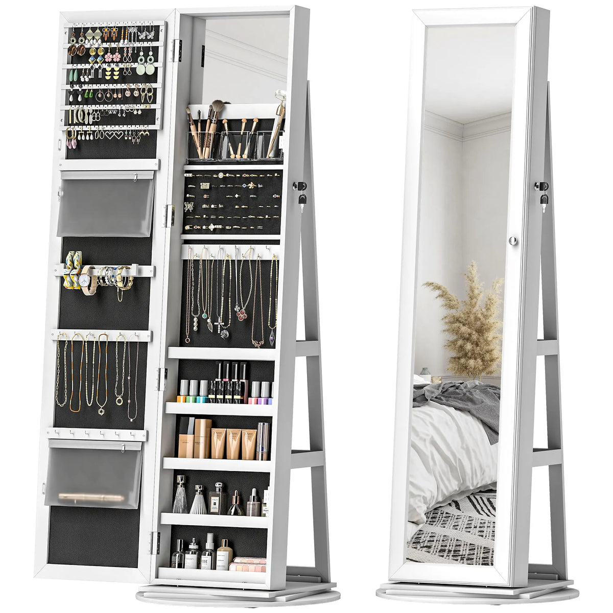 HOMCOM Swivel Jewelry Armoire With Lock And Full Length Mirror