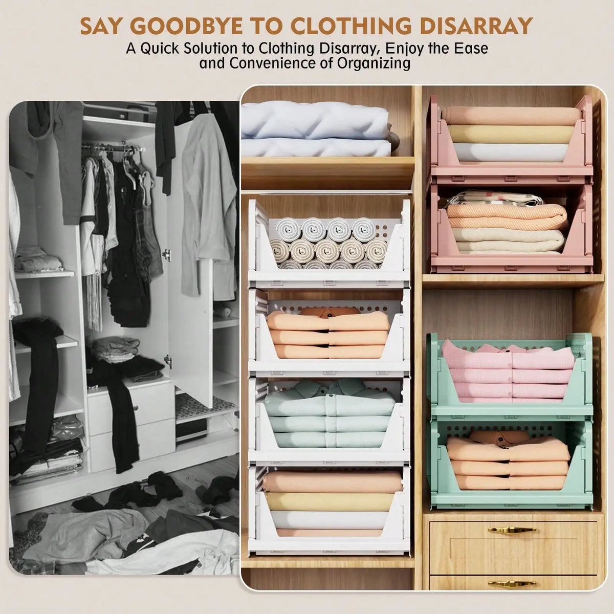 Stackable Foldable Closet Storage Baskets With Sliding Drawer Design