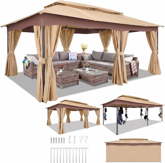COBIZI Outdoor Gazebo with Curtains and Ventilated Double Roof Canopy
