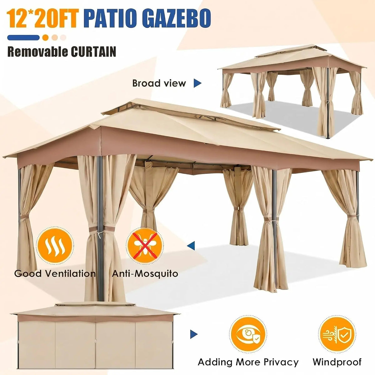 COBIZI Outdoor Gazebo with Curtains and Ventilated Double Roof Canopy