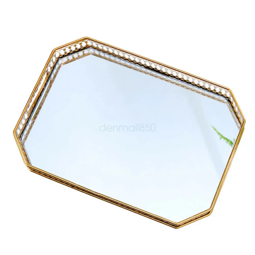 Vintage Glass Top Metal Vanity Tray for Makeup Jewelry Storage