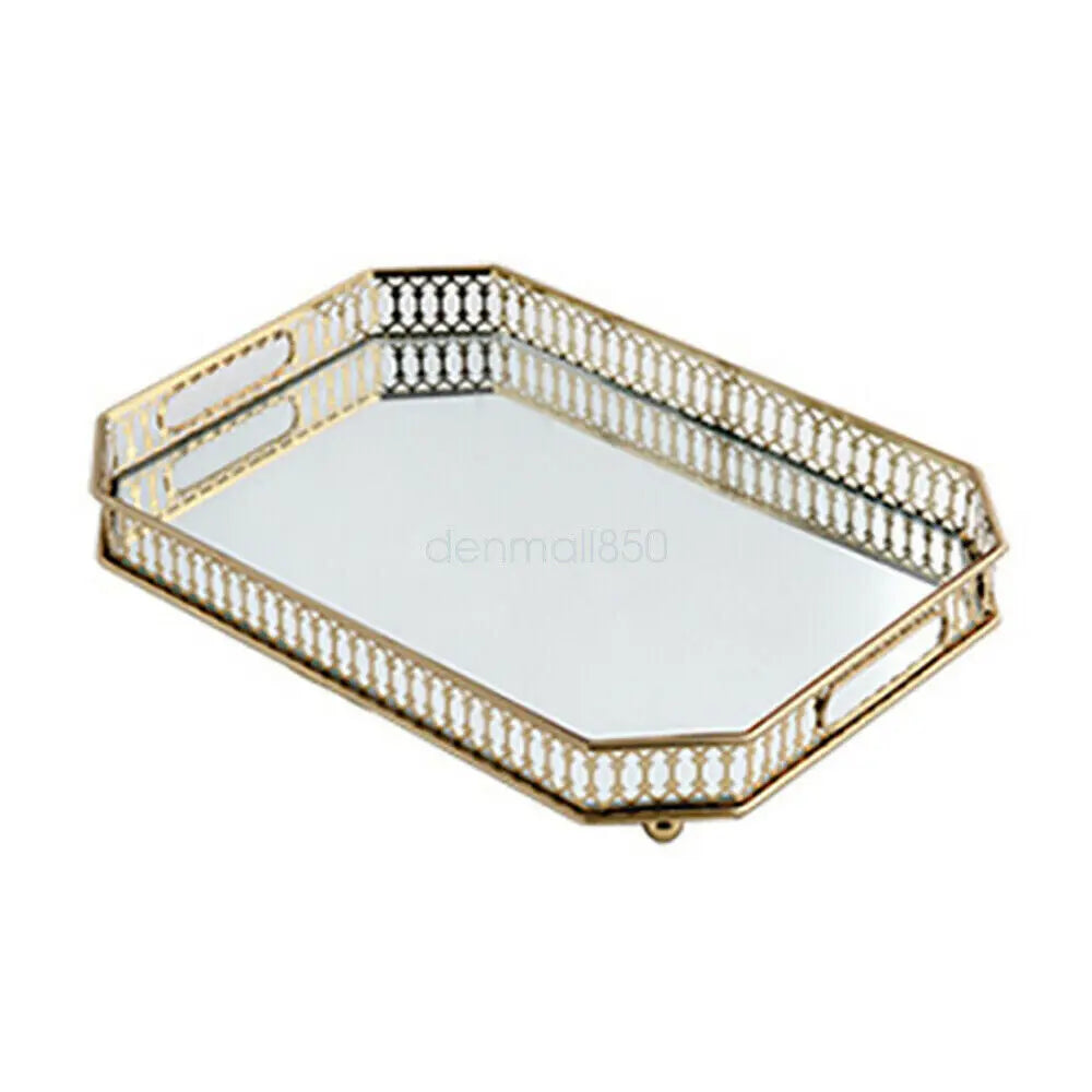 Vintage Glass Top Metal Vanity Tray for Makeup Jewelry Storage