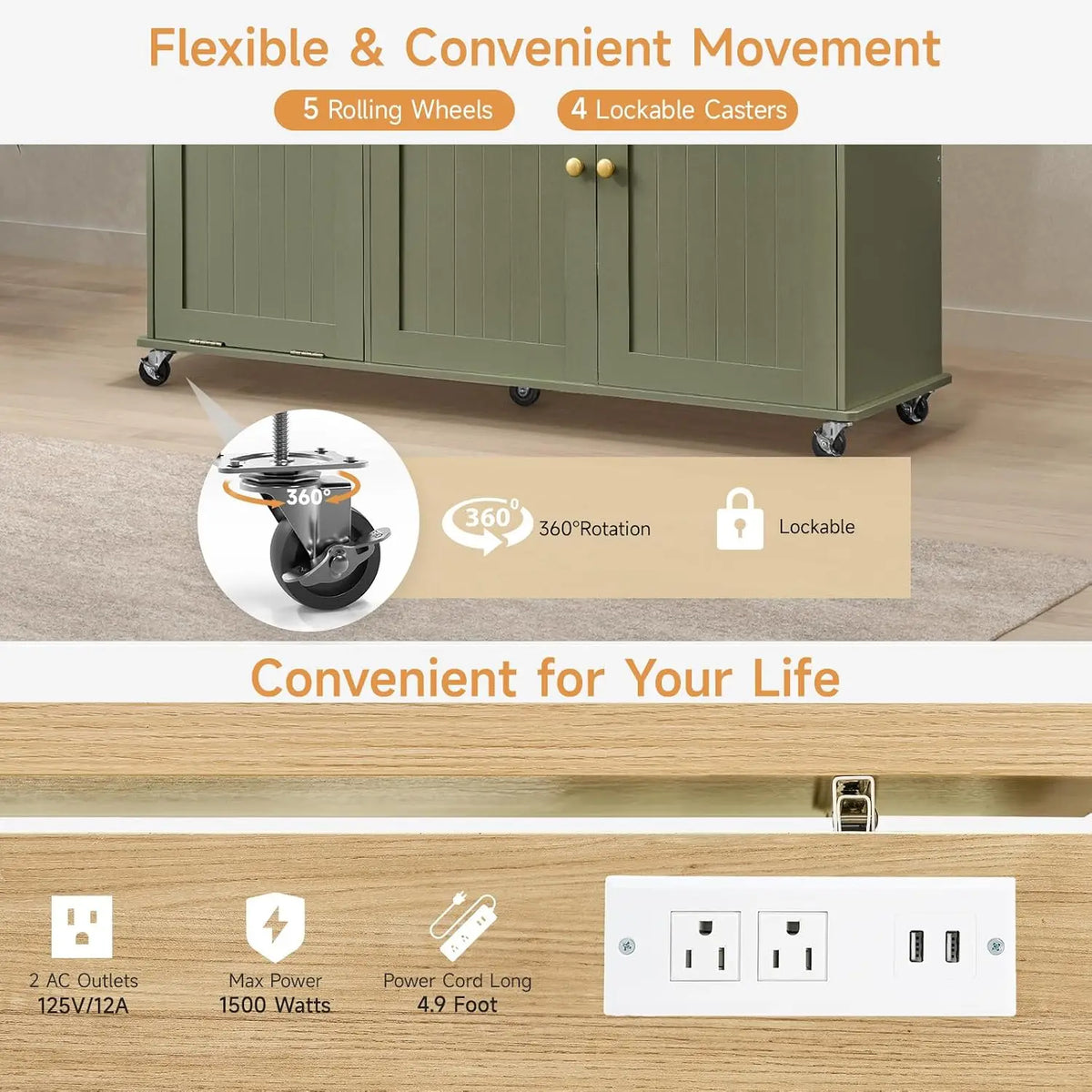 ONBRILL Rolling Kitchen Island Cart With Storage And Power Station