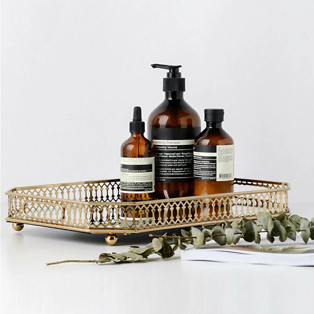 Vintage Glass Top Metal Vanity Tray for Makeup Jewelry Storage