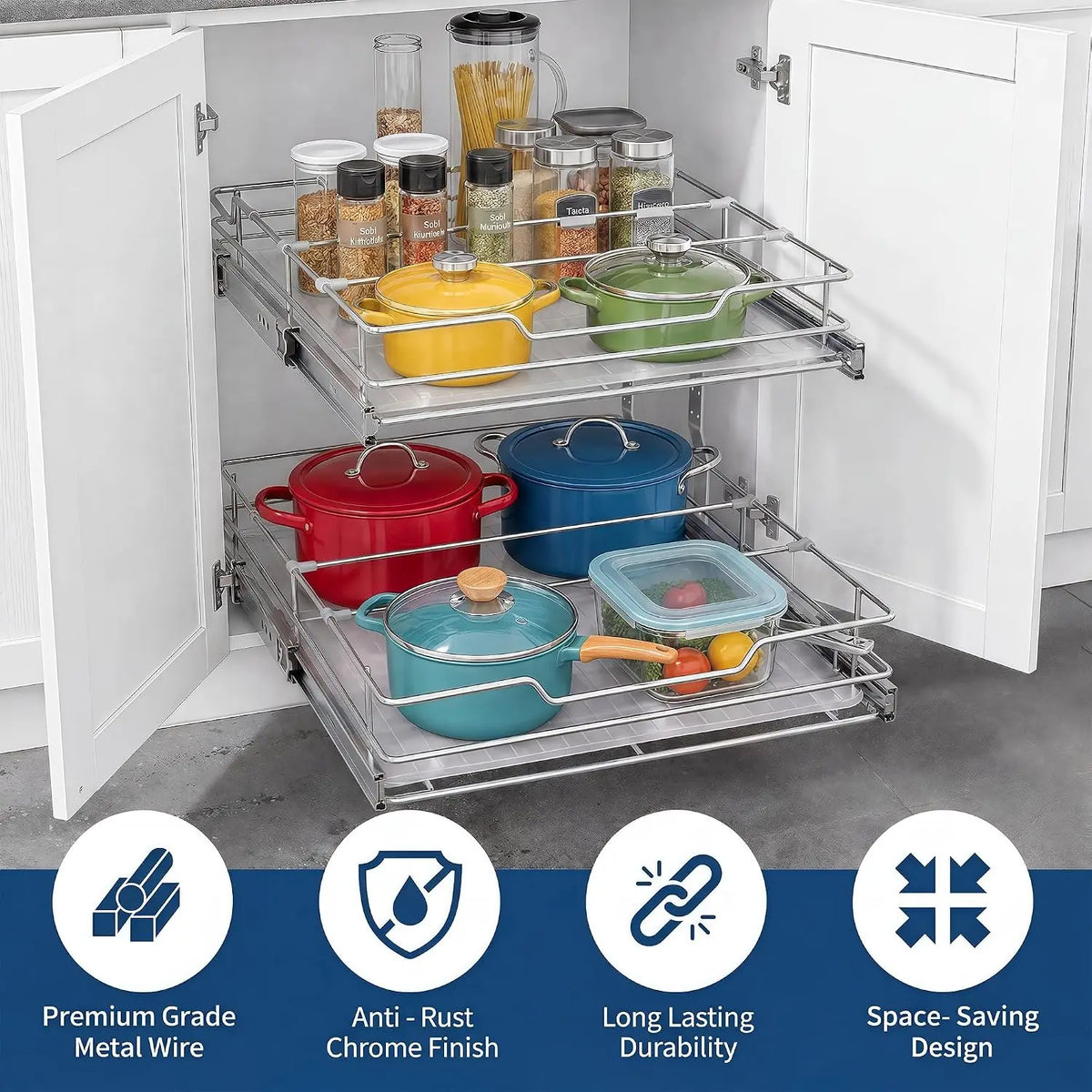Tacleekii Pull Out Cabinet Organizer With Steel Storage Basket