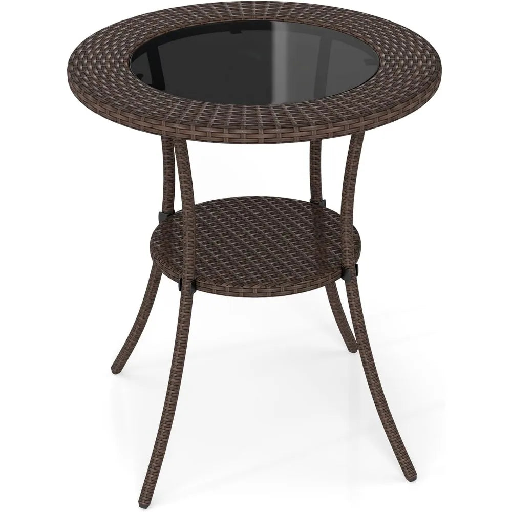Tangkula Wicker Patio Table With Glass Top And Storage Shelf