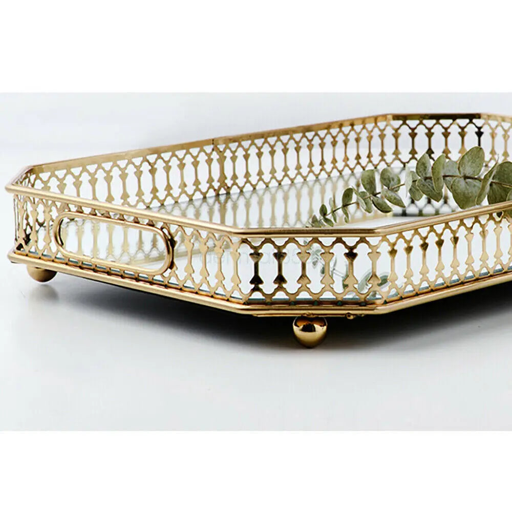 Vintage Glass Top Metal Vanity Tray for Makeup Jewelry Storage