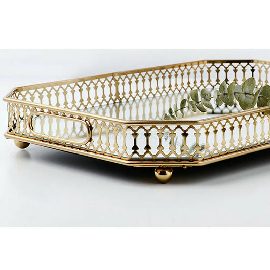 Vintage Glass Top Metal Vanity Tray for Makeup Jewelry Storage