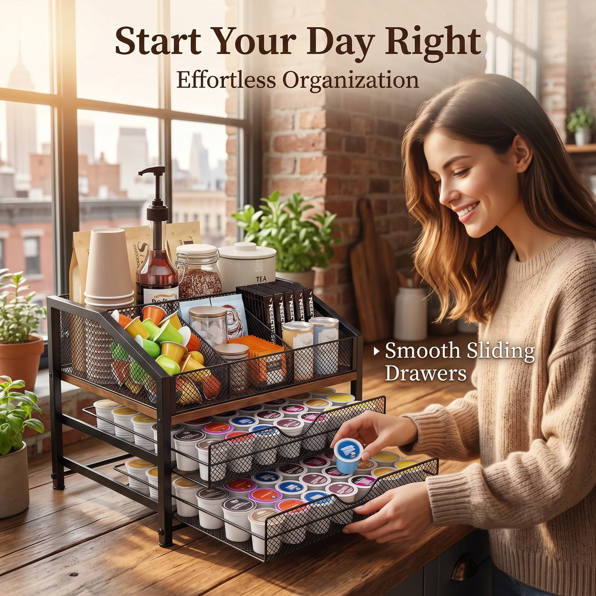 Coffee Bar Organizer With K Cup Holder And Condiment Storage