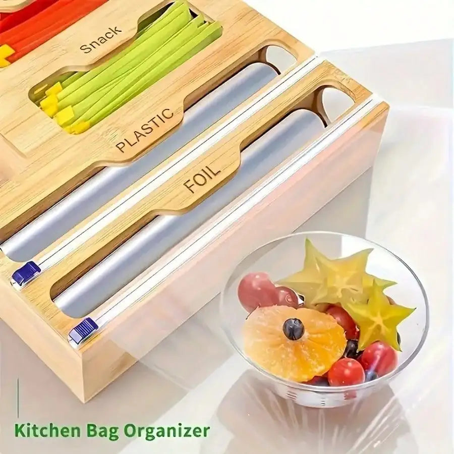 Bamboo Ziplock Bag Organizer With Cutter And Multi Compartment Storage