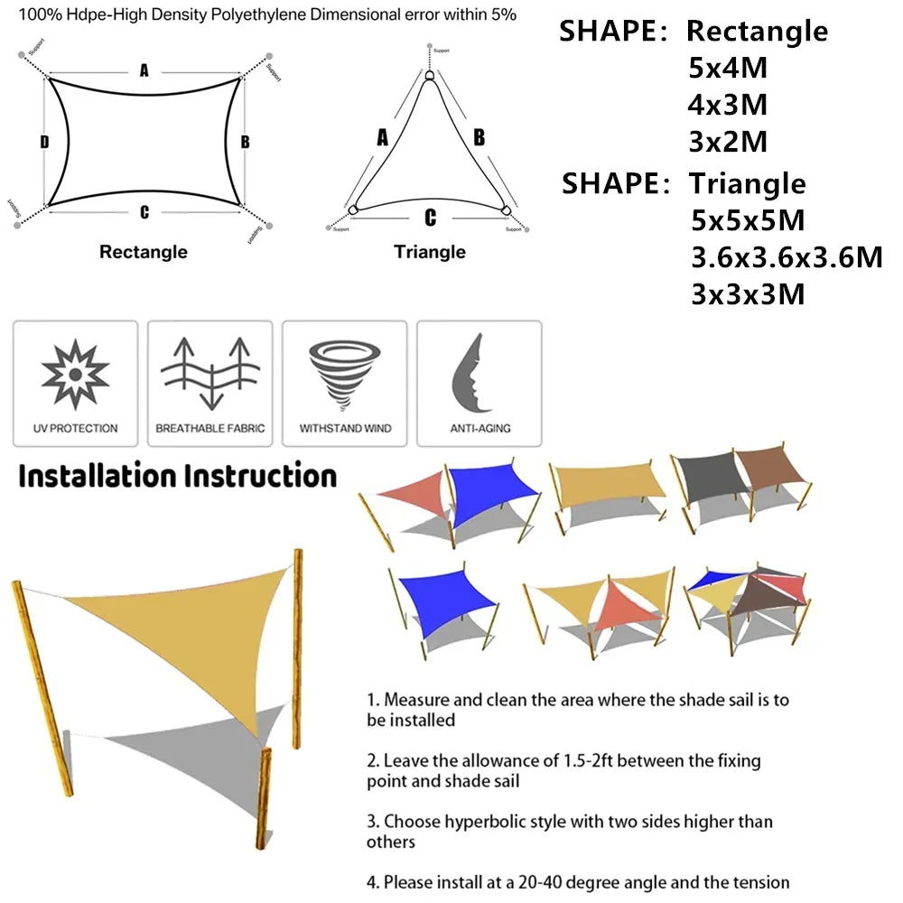 Waterproof Sun Shade Sail Canopy for Patio Garden and Camping